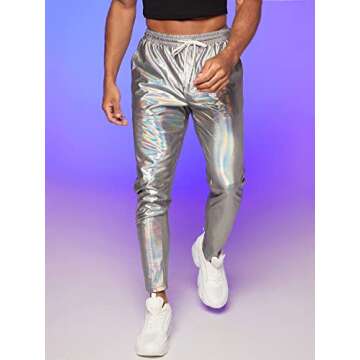 GORGLITTER Men's Metallic Holographic Tapered Pants Drawstring Waist Slant Pockets Long Pants Sliver Small