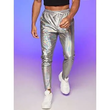 GORGLITTER Men's Metallic Holographic Tapered Pants Drawstring Waist Slant Pockets Long Pants Sliver Small