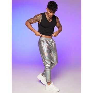 GORGLITTER Men's Metallic Holographic Tapered Pants Drawstring Waist Slant Pockets Long Pants Sliver Small