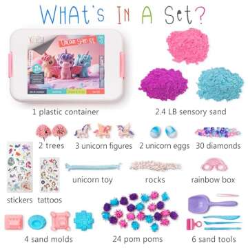 Kipipol Unicorn Sensory Bin for Toddlers 3-4, 5-7 Magic Sand Art Kit w Sandbox, 2.4 LB of Sensory Sa...