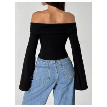 SOLY HUX Women's Long Bell Sleeve Crop Top in Pure Black