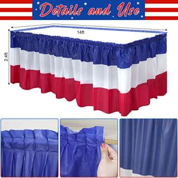1 Pack 4th of July Plastic Table Skirts Decorations, Red White and Blue Patriotic Disposable Table S...