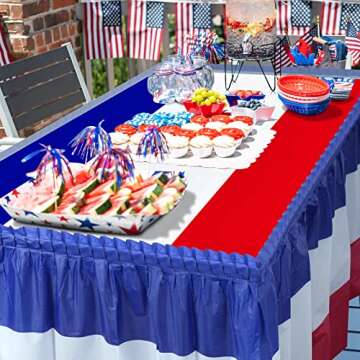 1 Pack 4th of July Plastic Table Skirts Decorations, Red White and Blue Patriotic Disposable Table Skirts, Fourth of July Table Party Decorations for Independence Memorial Veterans Day, 2.4 x 14 Ft