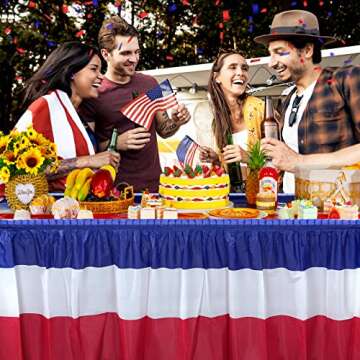 1 Pack 4th of July Plastic Table Skirts Decorations, Red White and Blue Patriotic Disposable Table Skirts, Fourth of July Table Party Decorations for Independence Memorial Veterans Day, 2.4 x 14 Ft