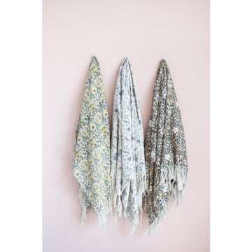 Creative Co-Op Cotton Slub Throw with Floral Pattern and Fringe