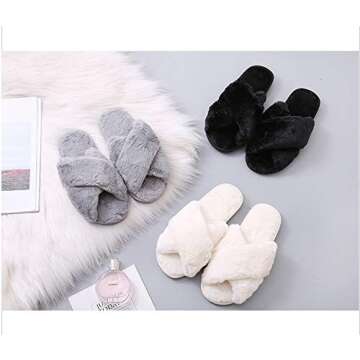 TONGSONG Cozy House Slippers for Women for Indoor and Outdoor Fuzzy Slip On Womens Slippers with Cross Band Open Toe Soft Plush Fleece House Shoes (White, numeric_5)