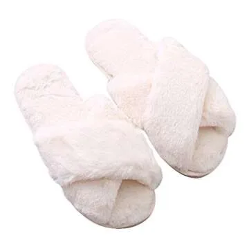 TONGSONG Cozy House Slippers for Women for Indoor and Outdoor Fuzzy Slip On Womens Slippers with Cross Band Open Toe Soft Plush Fleece House Shoes (White, numeric_5)
