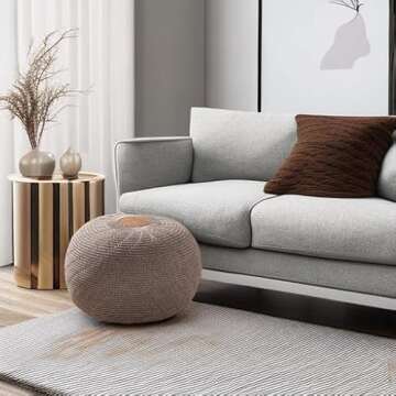 English Home Large Ottoman Foot Stool, Knitted Foot Rest, Round Pouf Chair, Modern Living Room Furniture Bean Bag, Room Decor, Bedroom Footstool, Boho Pouffe, Home Decor Poof, 20" W x 15" H, Brown