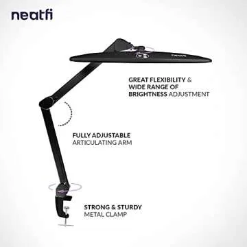 Neatfi Elite HD XL Task Lamp, 1360 Lumens, 84PCS SMD LED, 6500K, Non-Polar Dimming, Desk Light for Home, Office, and Study Room (Non-CCT with Clamp, Black, 22 Inches)