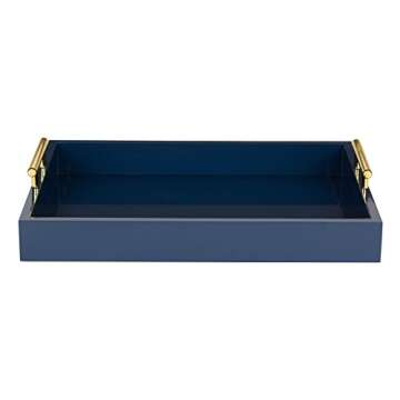 Kate and Laurel Lipton Decorative Tray with Polished Metal Handles, Navy Blue and Gold