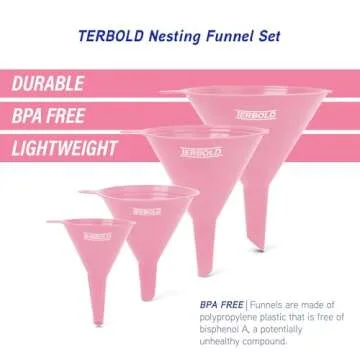 Terbold 4pc Funnel Nesting Set in BPA Free Plastic for Kitchen Cooking, Car Oil, Home, or Lab Use (Pink)