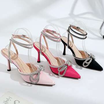 Zeberfi Women's Rhinestone Bow Satin Heeled Sandals Closed Pointed Toe Ankle Strap Stiletto Heels We...