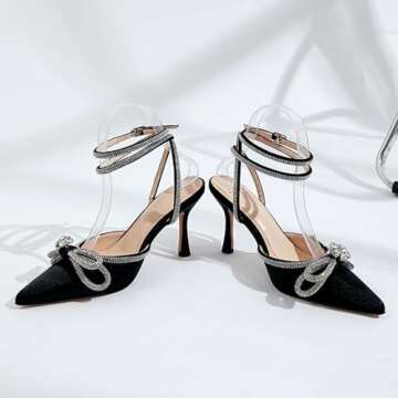 Zeberfi Women's Rhinestone Bow Satin Heeled Sandals Closed Pointed Toe Ankle Strap Stiletto Heels Wedding Bridal Dress Summer Pumps Shoes (Black,5)