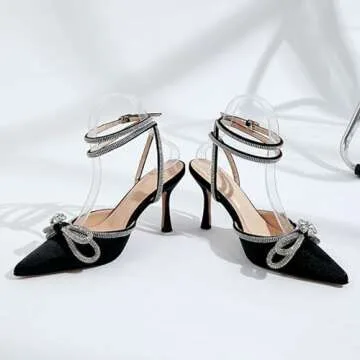Zeberfi Women's Rhinestone Bow Satin Heeled Sandals Closed Pointed Toe Ankle Strap Stiletto Heels Wedding Bridal Dress Summer Pumps Shoes (Black,5)