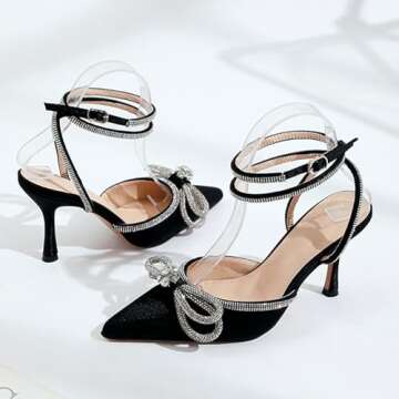 Zeberfi Women's Rhinestone Bow Satin Heeled Sandals Closed Pointed Toe Ankle Strap Stiletto Heels Wedding Bridal Dress Summer Pumps Shoes (Black,5)