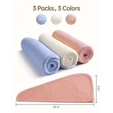 YFONG 3 Pack Microfiber Hair Towel Wrap for Women, Rapid Drying Towels for Hair with Button,Super Absorbent Hair Turbans for Wet Hair Long Thick Curly Hair