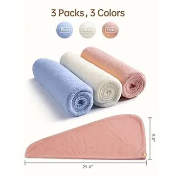 YFONG 3 Pack Microfiber Hair Towel Wrap for Women, Rapid Drying Towels for Hair with Button,Super Absorbent Hair Turbans for Wet Hair Long Thick Curly Hair