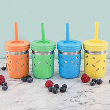 Elk and Friends Stainless Steel Cups | 10 oz Mason Jar design | Kids & Toddler Cups with Silicone Sleeves & Straws with Stopper | Smoothie Cups