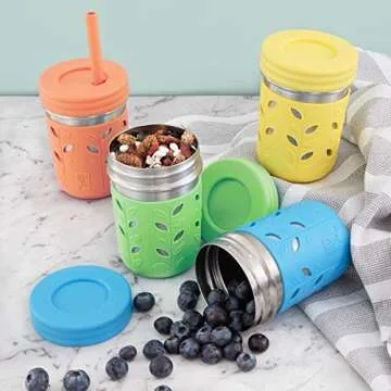 Elk and Friends Stainless Steel Cups | 10 oz Mason Jar design | Kids & Toddler Cups with Silicone Sleeves & Straws with Stopper | Smoothie Cups