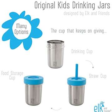 Elk and Friends Stainless Steel Cups | 10 oz Mason Jar design | Kids & Toddler Cups with Silicone Sleeves & Straws with Stopper | Smoothie Cups