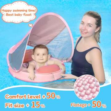 Mambobaby Float with Canopy & Portable Backpack Skin-friendly Baby Swim Float with Tail Waterproof Non-Inflatable Mambo Float Smart Swim Trainer Soft Solid Infant Pool Float 3-24 months Baby Swim Ring