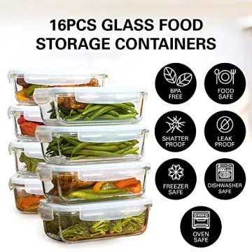 16 Piece Glass Food Storage Containers Set 30 Oz Airtight