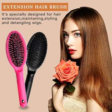 Loop Wig Brush Akamino Hair Extension Brush - Detangler Brush for Remy Human and Synthetic Hair, Pink and Black - 2 Pieces