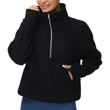 THE GYM PEOPLE Womens' Half Zip Pullover Fleece Stand Collar Crop Sweatshirt with Pockets Thumb Hole...