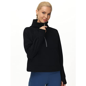 THE GYM PEOPLE Womens' Half Zip Pullover Fleece Stand Collar Crop Sweatshirt with Pockets Thumb Hole Black