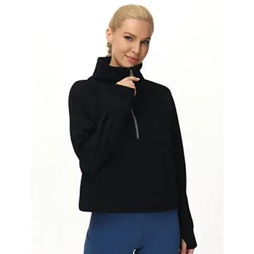 THE GYM PEOPLE Womens' Half Zip Pullover Fleece Stand Collar Crop Sweatshirt with Pockets Thumb Hole Black