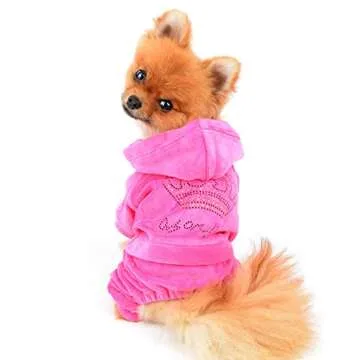 SMALLLEE_LUCKY_STORE Pet Clothes for Small Dog Cat Soft Velvet Crown Jumpsuit Coat Hooide Pajamas Tracksuit Pink XS