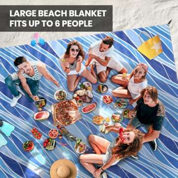 Everlasting Comfort Beach Blanket Waterproof Sandproof - Large Oversized Beach Mat for 10 People w/Stakes, Storage Bag - Beach Accessories for Family, Picnic, Concert, Travel