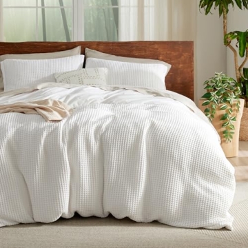 Bedsure King Waffle Duvet Cover - Cooling Bamboo Blend Comforter Set in Coconut White 104" x 90"