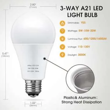 Briignite LED Light Bulbs, 3 Way LED Light Bulbs 50 100 150W Equivalent, 3 Way Light Bulbs, Three Way A21 Light Bulbs E26 Medium Base, Soft White 3000K, 800lm-1400lm-2000lm, 2 Pack
