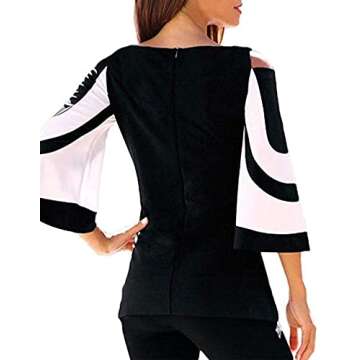 Women Blouses and Tops Black White Colorblock Bell Sleeve Cold Shoulder Top Shirt M