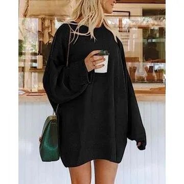 BTFBM 2025 Womens Sweaters Casual Crewneck Long Sleeve Oversized Sweater Dress Fall Winter Loose Slouchy Soft Pullover(Solid Black, X-Large)