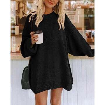 BTFBM 2025 Womens Sweaters Casual Crewneck Long Sleeve Oversized Sweater Dress Fall Winter Loose Slouchy Soft Pullover(Solid Black, X-Large)