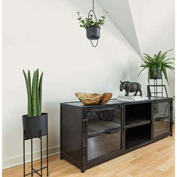 kimisty Set 2 Modern Mid Century Black Planters with Stand, 7 Inch Metal Planter Pots with Stands, Flower Pot Living Room Decor for Orchid, Aloe, Large Cactus Plants, 16 and 20 Inch Tall