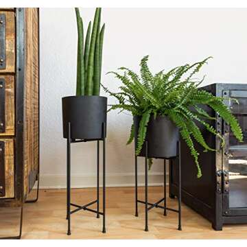 kimisty Set 2 Modern Mid Century Black Planters with Stand, 7 Inch Metal Planter Pots with Stands, Flower Pot Living Room Decor for Orchid, Aloe, Large Cactus Plants, 16 and 20 Inch Tall