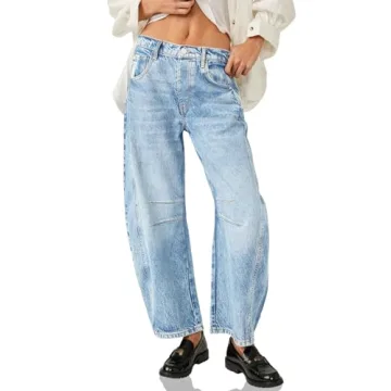 PLNOTME Women's Baggy Boyfriend Jeans - Vintage Wide Leg Mid Rise Barrel Denim Ankle Pants