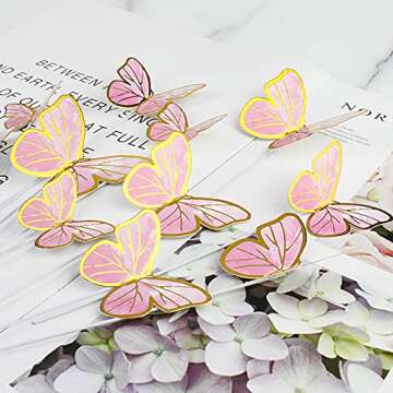 Pink Butterfly Cake Toppers, 11pcs Cupcake Toppers Happy Birthday Metal Gold Topper for Girls Women's Party Decorations
