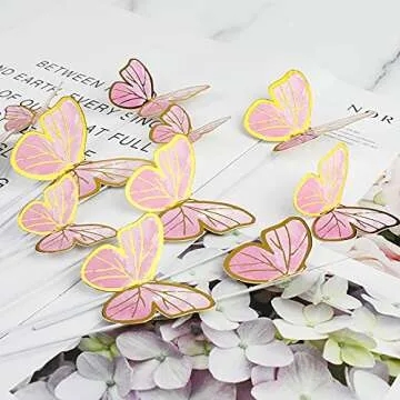 Pink Butterfly Cake Toppers, 11pcs Cupcake Toppers Happy Birthday Metal Gold Topper for Girls Women's Party Decorations