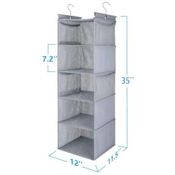 MAX Houser 5 Shelf Hanging Closet Organizer,Space Saver, Closet Hanging Shelves with (4) Side Pockets,Foldable,Light Grey