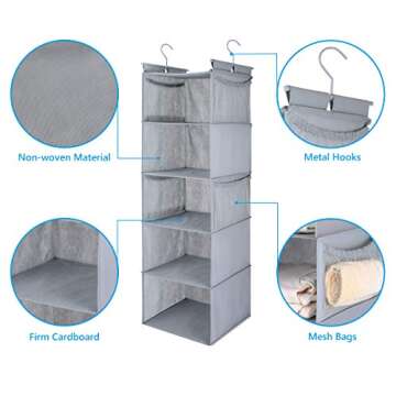 MAX Houser 5 Shelf Hanging Closet Organizer,Space Saver, Closet Hanging Shelves with (4) Side Pockets,Foldable,Light Grey