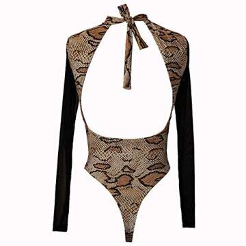 RARITYUS Women Rave Snakeskin Front Buckle Sheer Bodysuit Halterneck Swimsuit Long Sleeve for Dance Party Clubwear