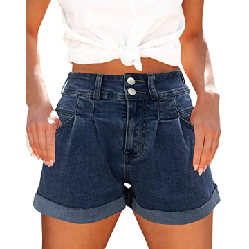 Hilltichu Womens Relaxed Fit Casual High Waist Pocketed Denim Shorts (Denim-Blue,Large,Adult,Female,...