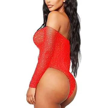 FasiCat Lace Mesh Bodysuit - Sexy Rhinestone Teddy Red