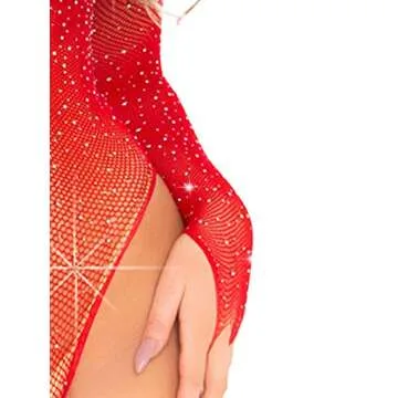 FasiCat Lace Mesh Bodysuit - Sexy Rhinestone Teddy Red