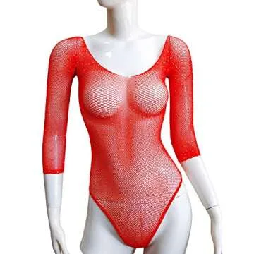 FasiCat Lace Mesh Bodysuit - Sexy Rhinestone Teddy Red