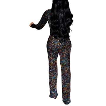 HannahZone Sequin Jumpsuits for Women Plus Size Long Sleeve Elegant Clubwear Sparkly High Waisted Wi...